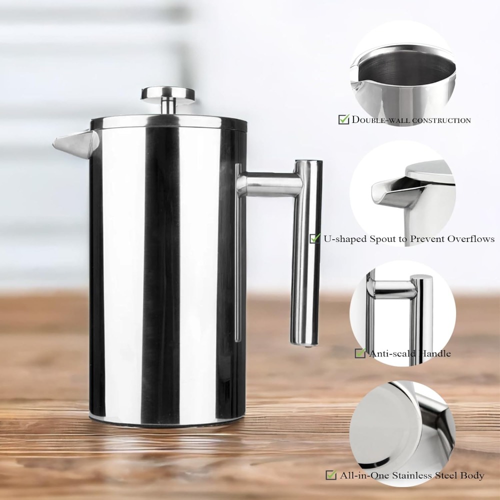 French Press Coffee Maker - French-Press-Kaffeemaschine, 304 Edelstahl, doppelwandig isoliert, wärmeisolierend